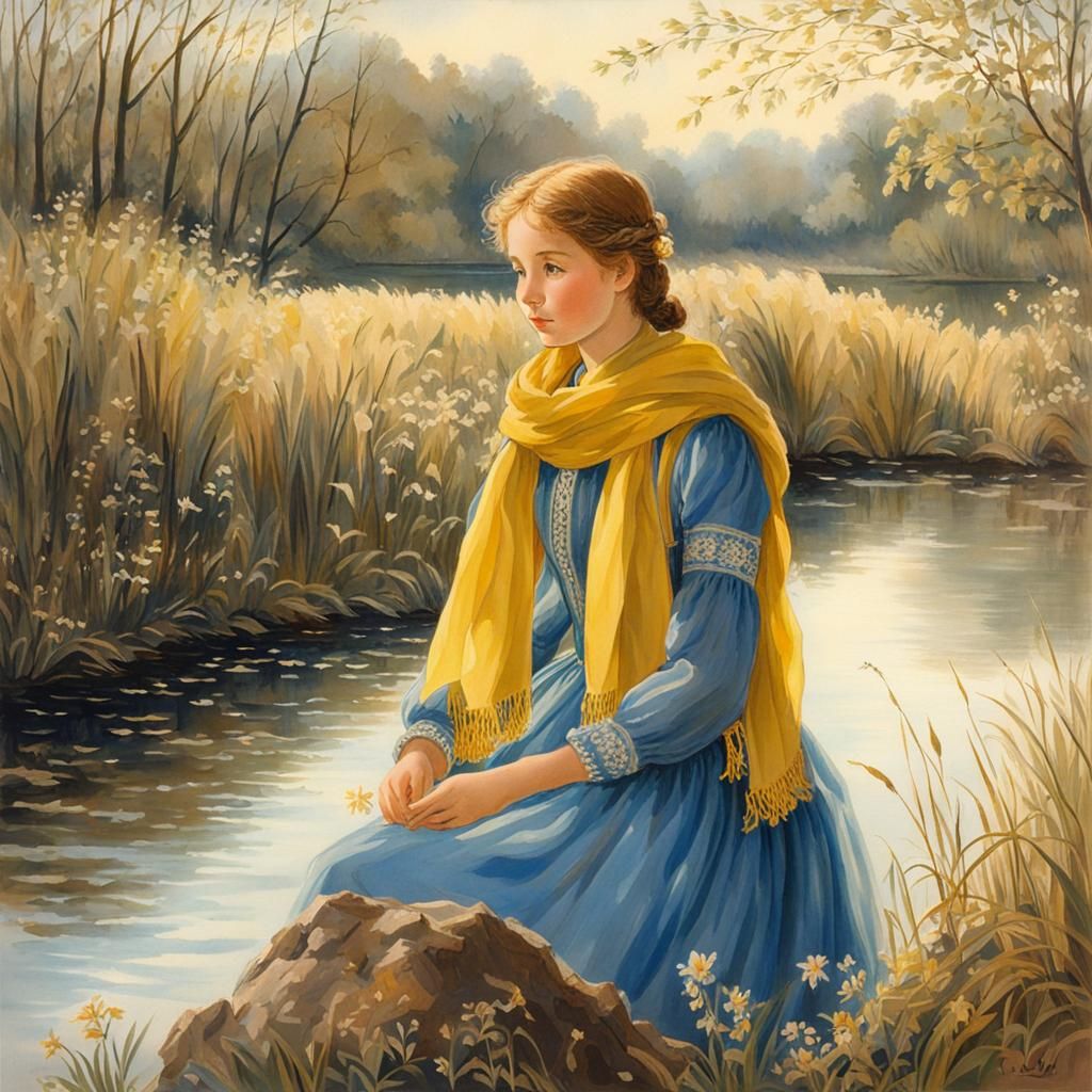 Woman in Blue Dress, Tasha Tudor Style Illustration