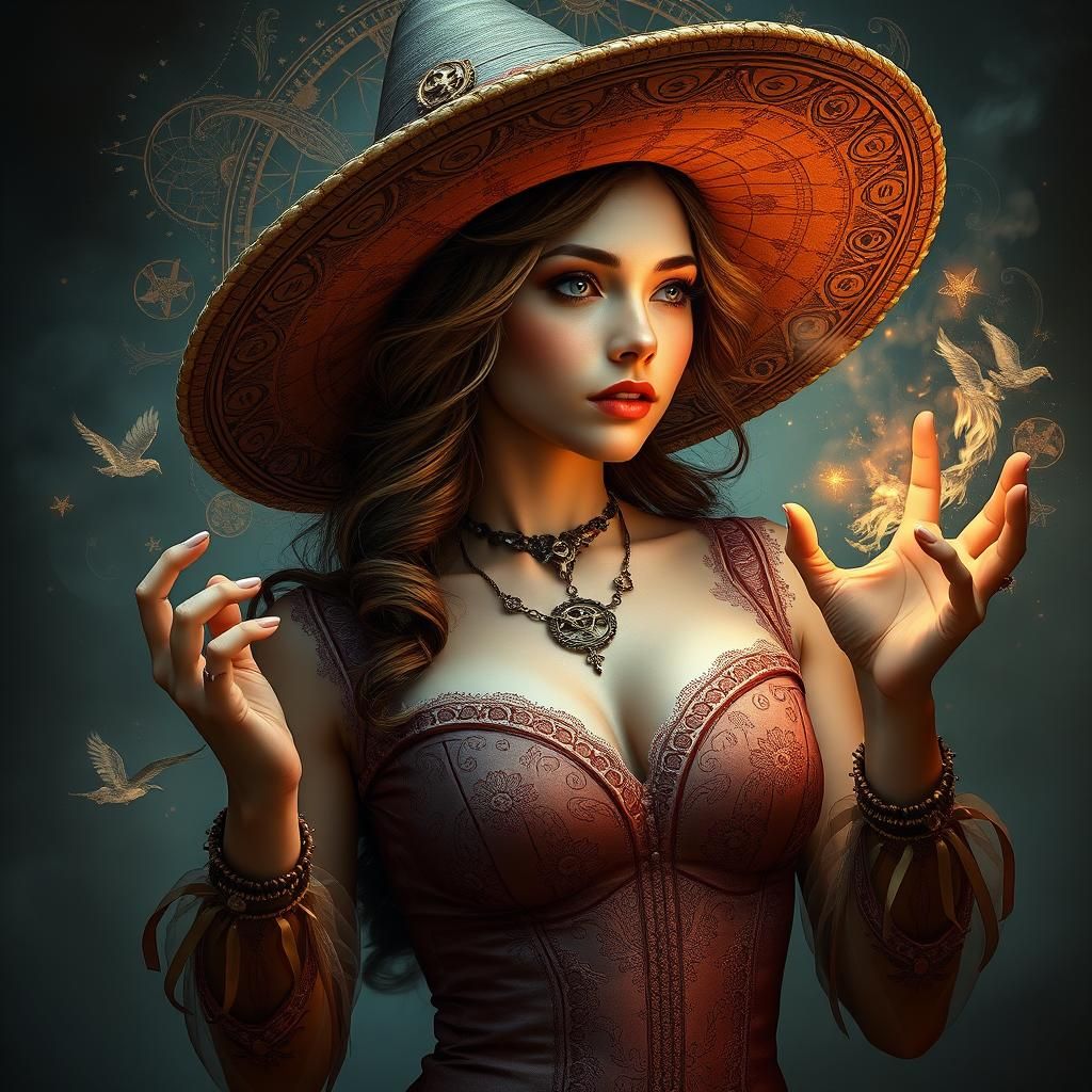 Steampunk Hermione with Sombrero in Dreamlike Portrait