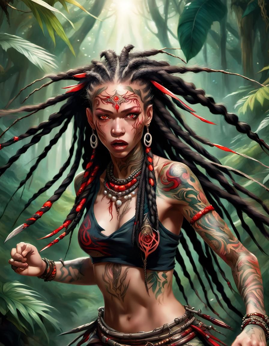 Anime Tribal Warrior in Jungle Action Shot