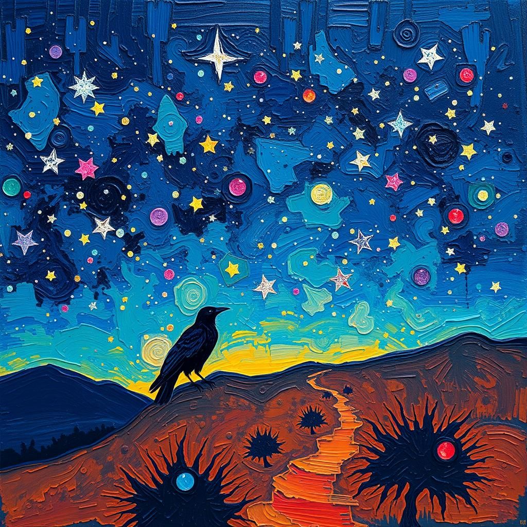 Crows Under Desert Stars: Impasto Oil Painting