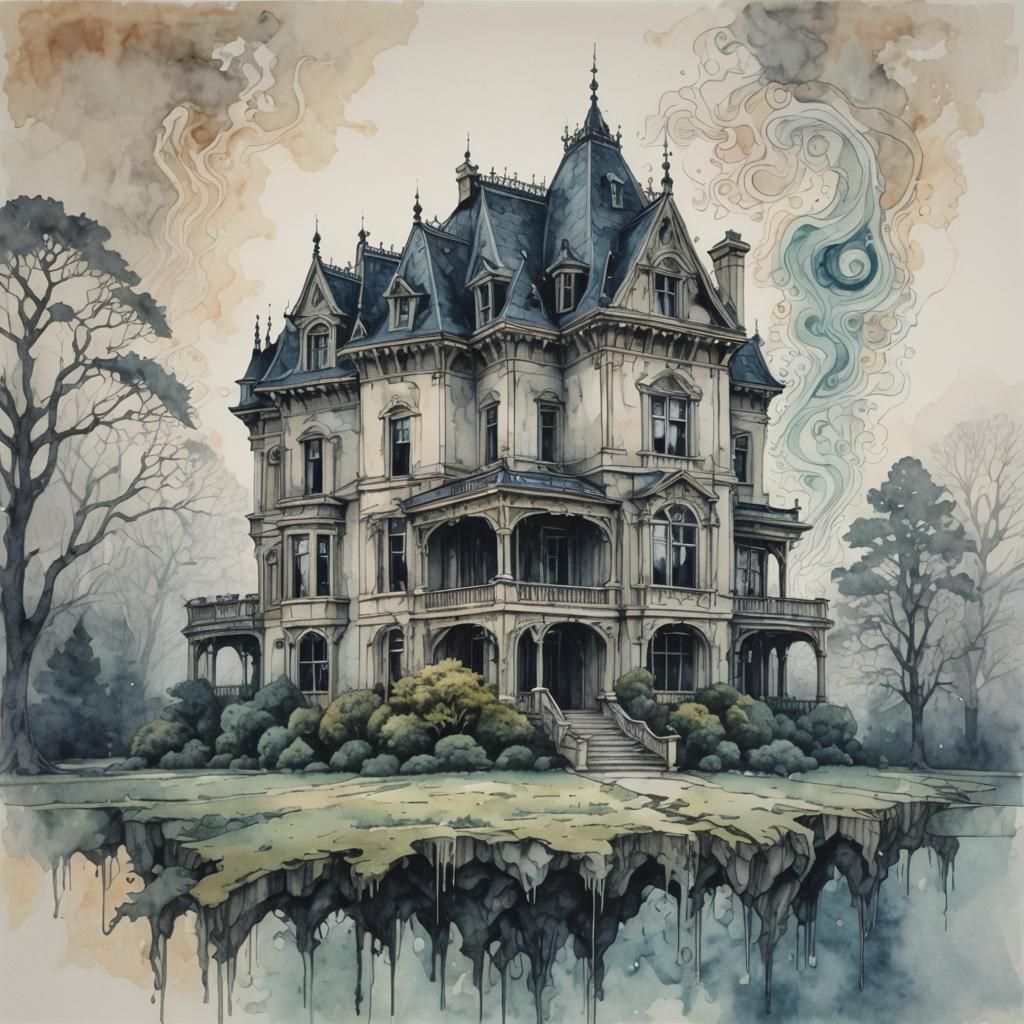 Ghostly Apparition Haunts Mansion: Geometric Pastel Art