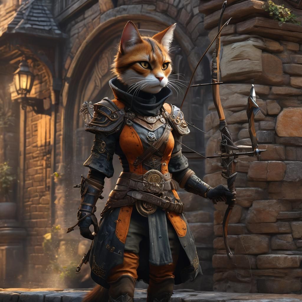 Calico Tabaxi Rogue on Wall, Fantasy Art