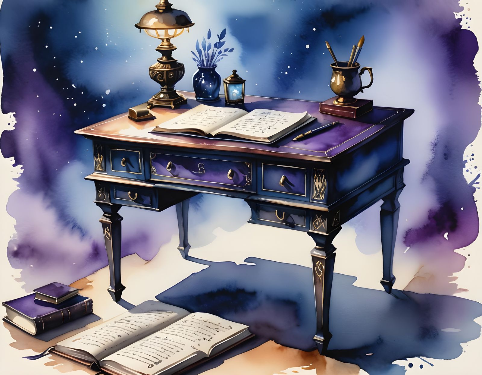 Magical Noir Writing Desk Watercolor Illustration