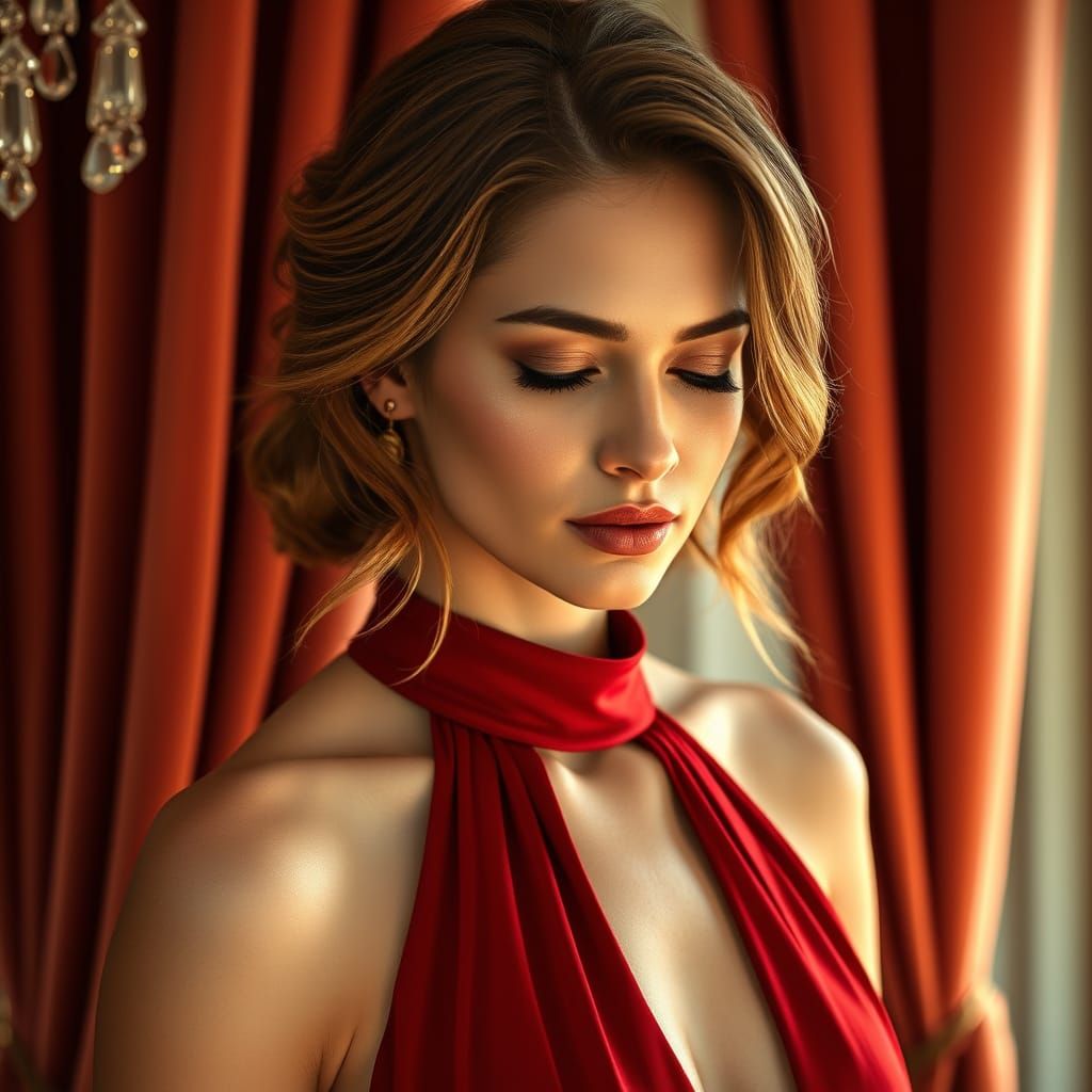 Elegant Woman in Jewel-Toned Red Evening Gown