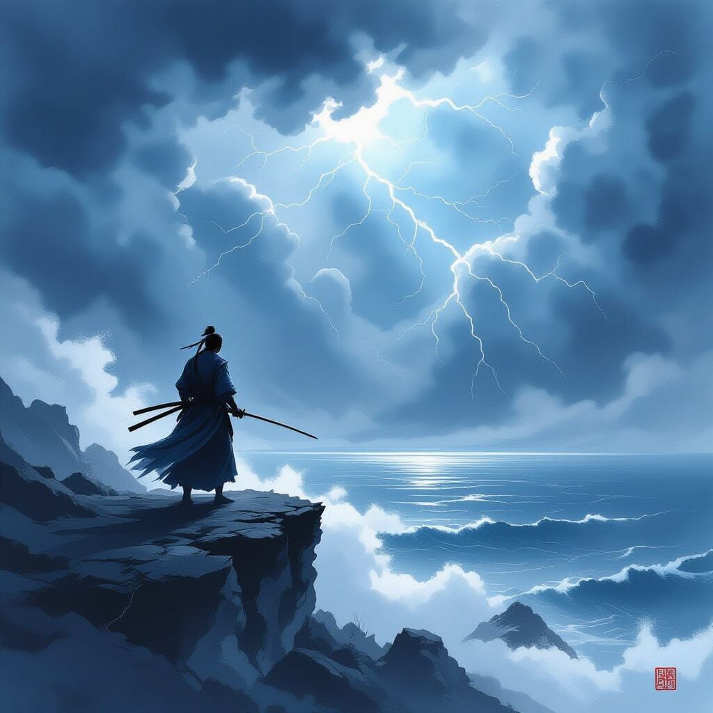 Ninja Warrior on Cliff Overlooking Stormy Sea