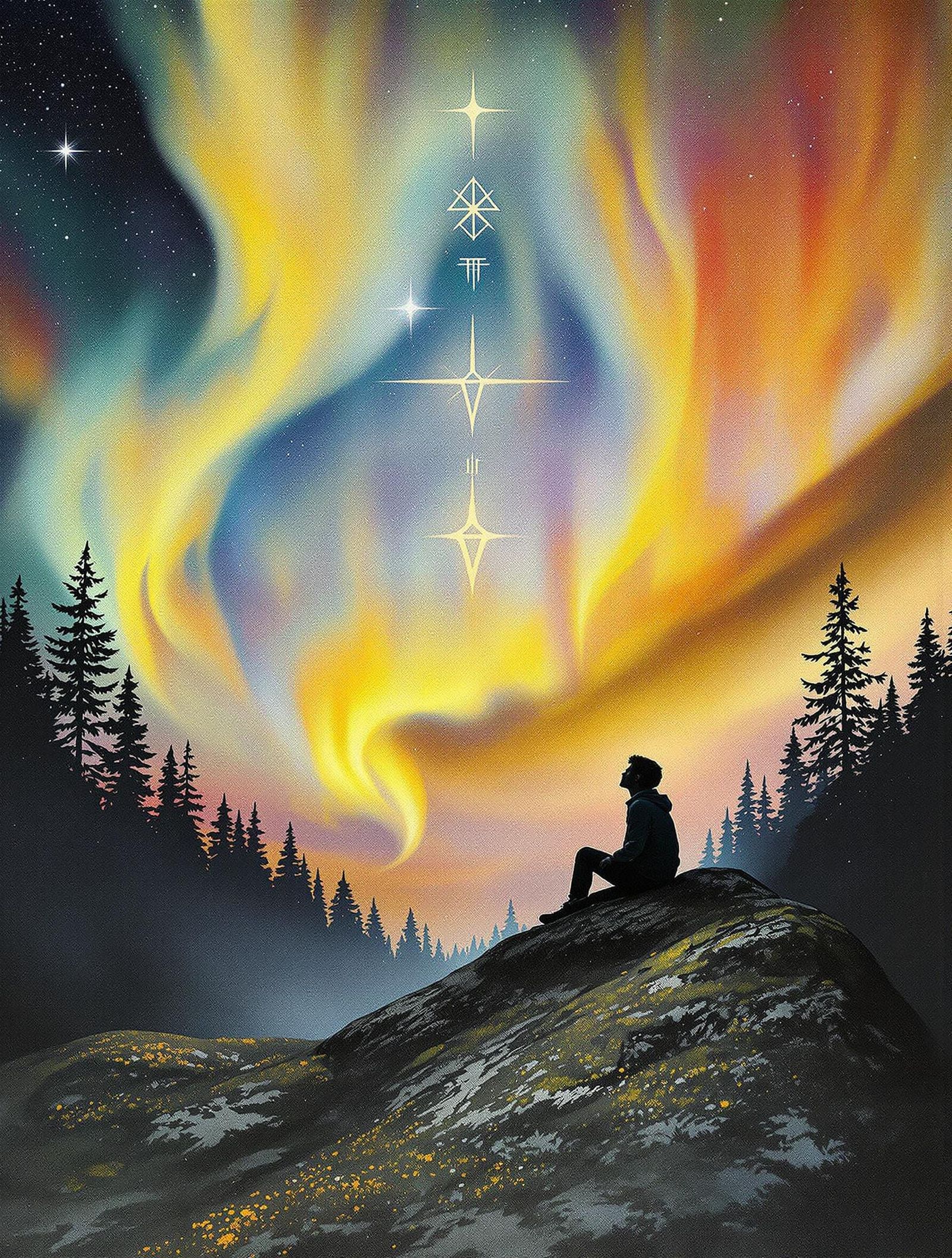 Aurora Borealis and Sami Boy Silhouette