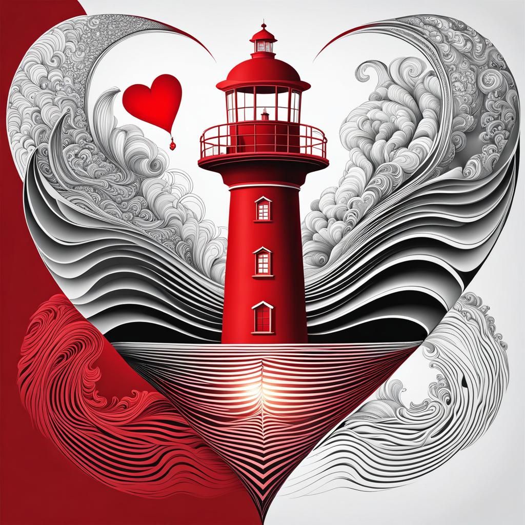 Surreal Lighthouse Scene with Heart and Brain