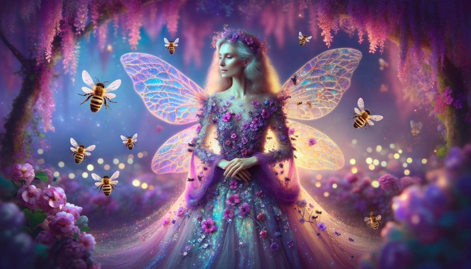 Mythical Fairy Woman with Iridescent Gown and Translucent Wi...