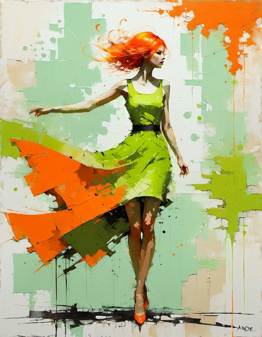 Impressionist Falling Figure with Neon Accents