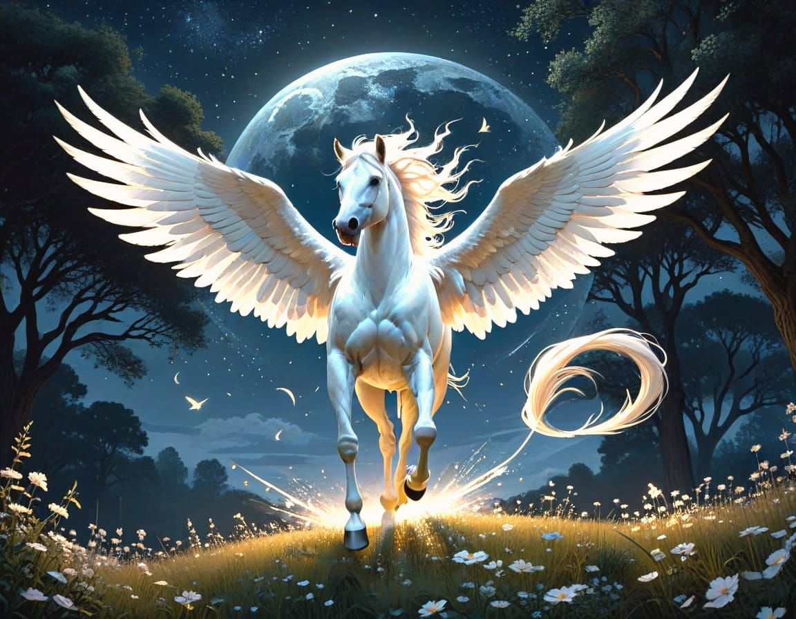 Majestic Pegasus Soaring Under a Sparkling Moon