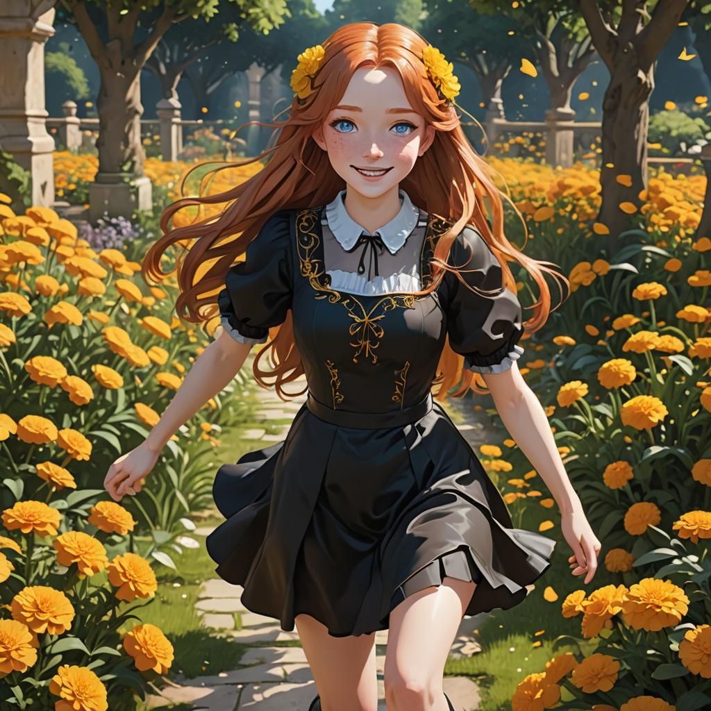 Teen Princess Running in Marigold Garden, Anime Art