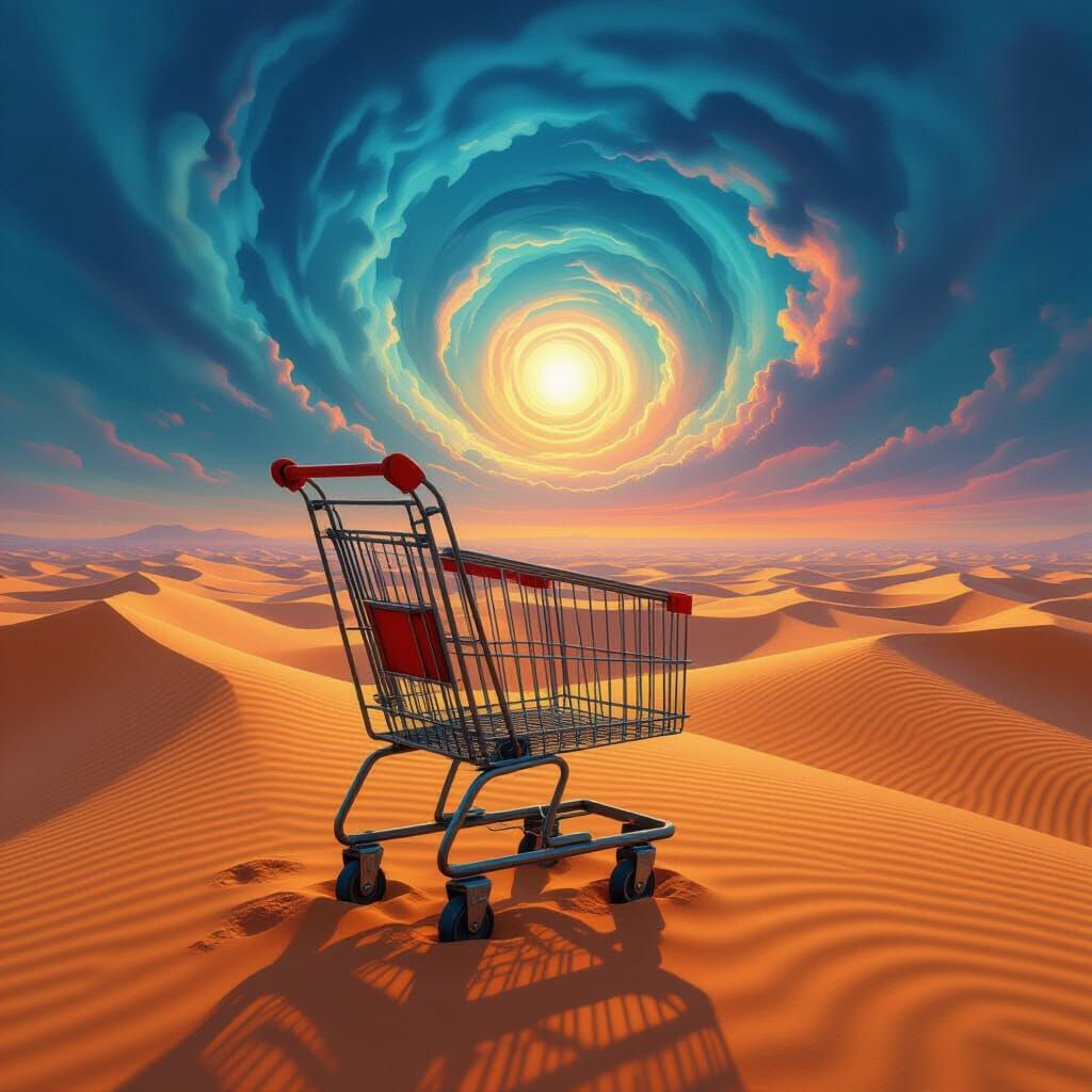 Abandoned Shopping Cart in Abstract Desert Sky
