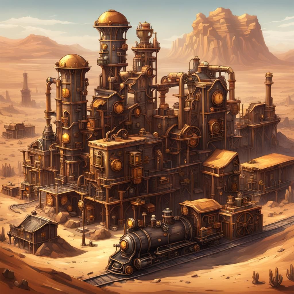 Steampunk Mining City in Desert Landscape