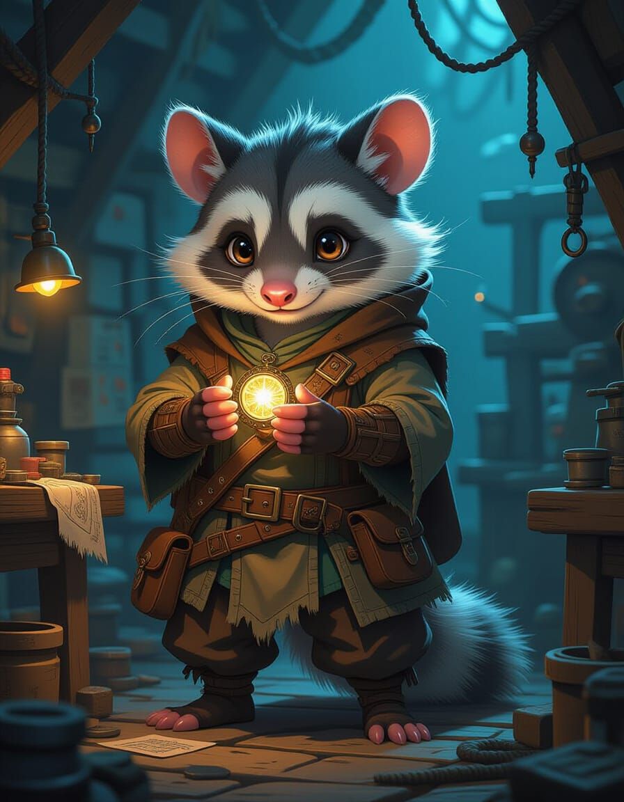 Anime Opossum Artificer in Dimly Lit Workshop