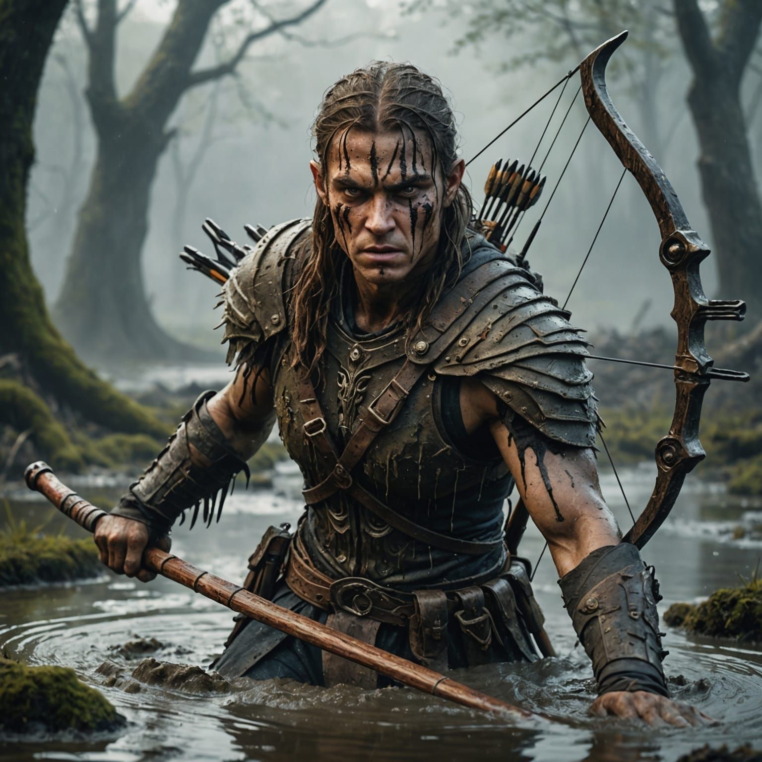 Warrior morphing from swamp, dripping in mud with fierce look, eyes open, aiming crossbow. Misty background. High detail...