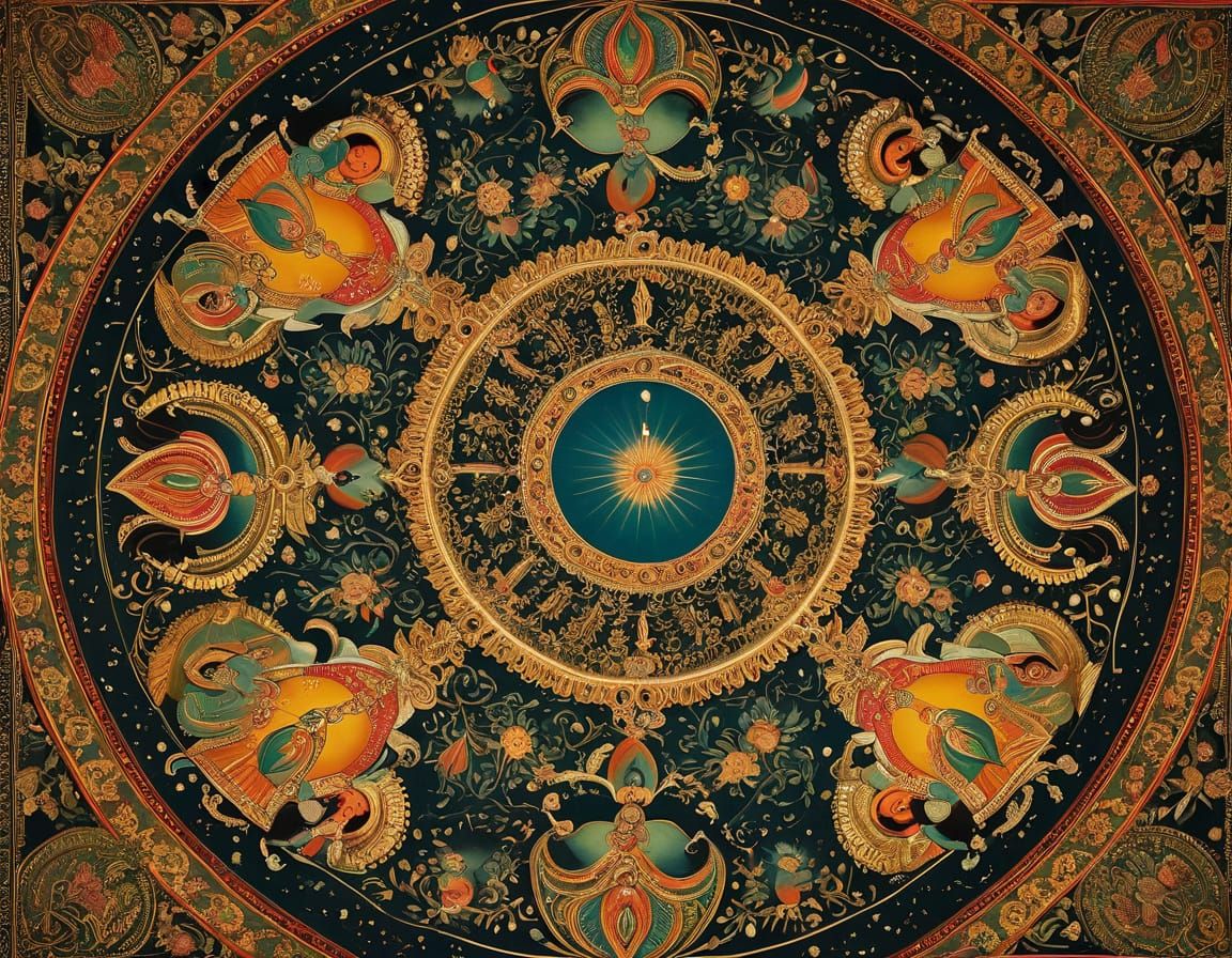 Lord Krishna in Whimsical Kalamezhuthu Scene with Radiant Go...