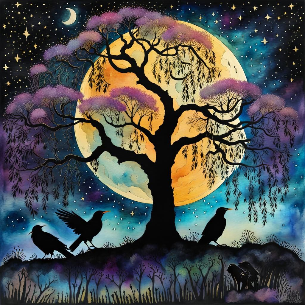 Gothic Watercolor Tree of Life with Ravens