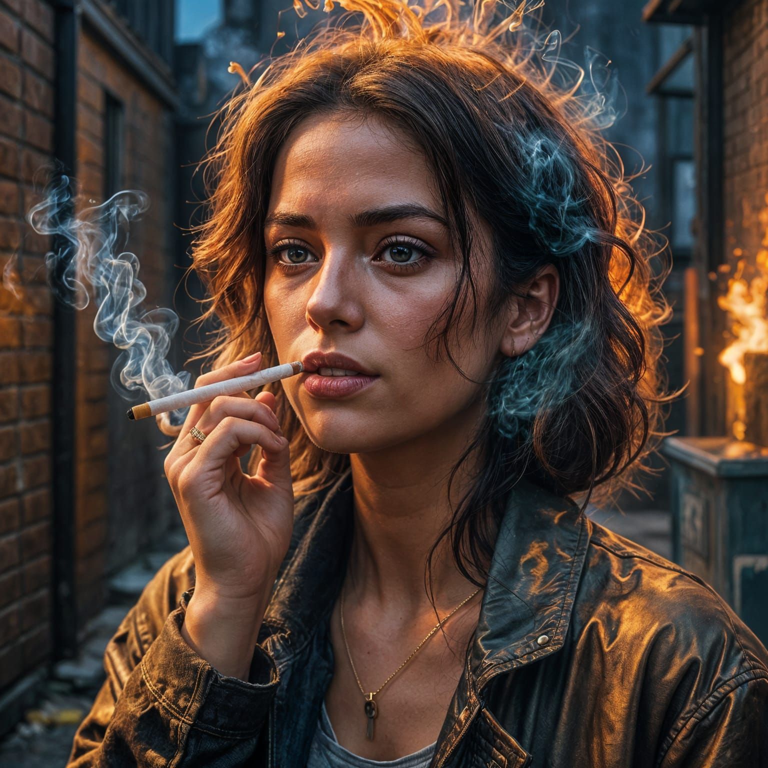 Hyperrealistic Woman Smoking by Dumpster Fire