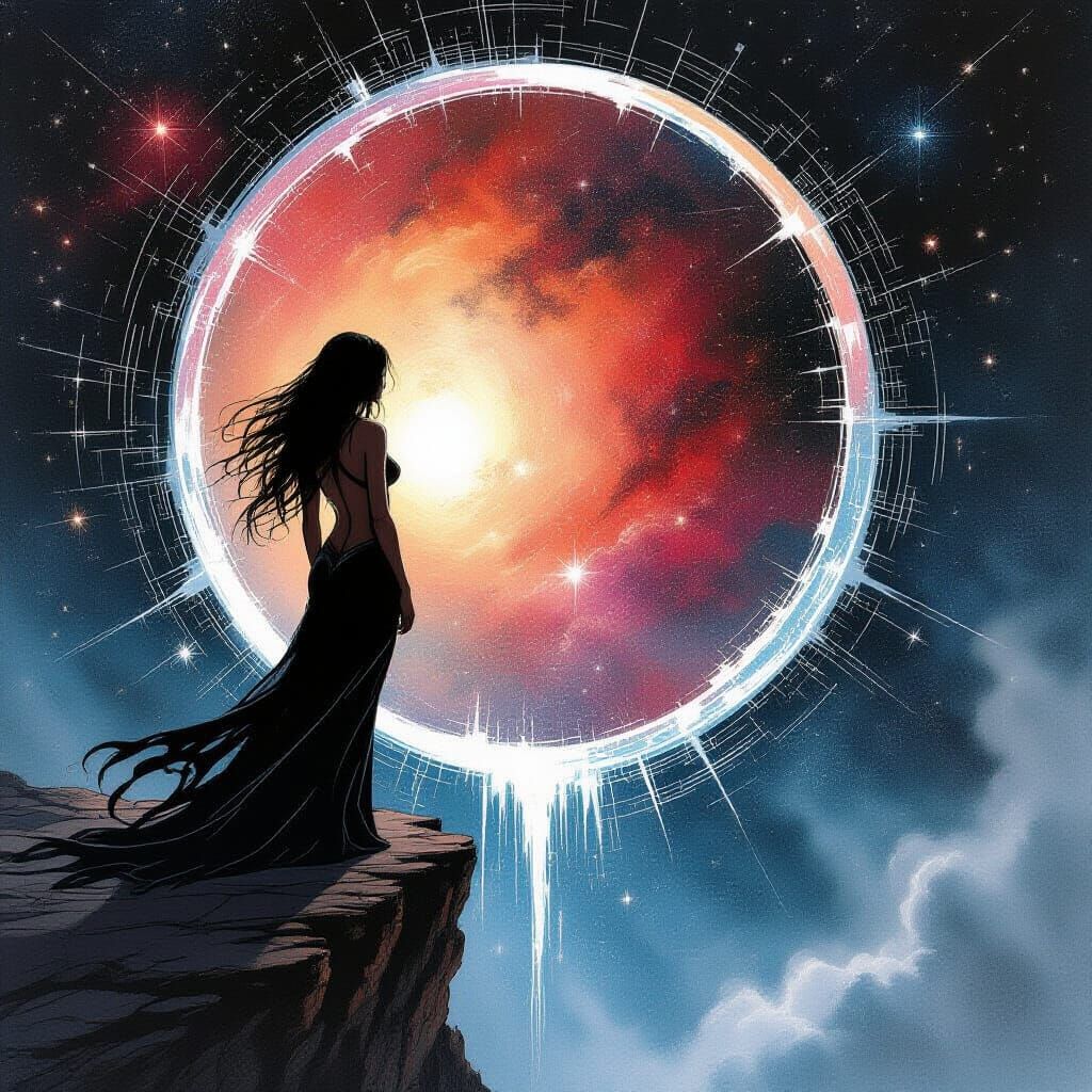 Woman at Celestial Portal in Enki Bilal Style