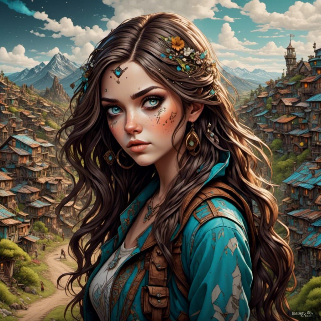 Beautiful Girl in Village: Expressive Digital Art