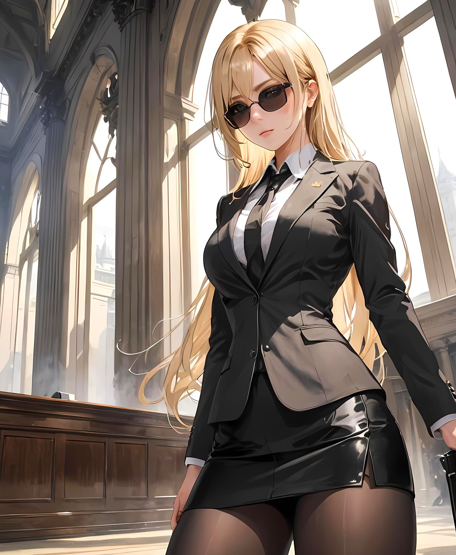 Stylish Woman in Black Suit at Government Hall