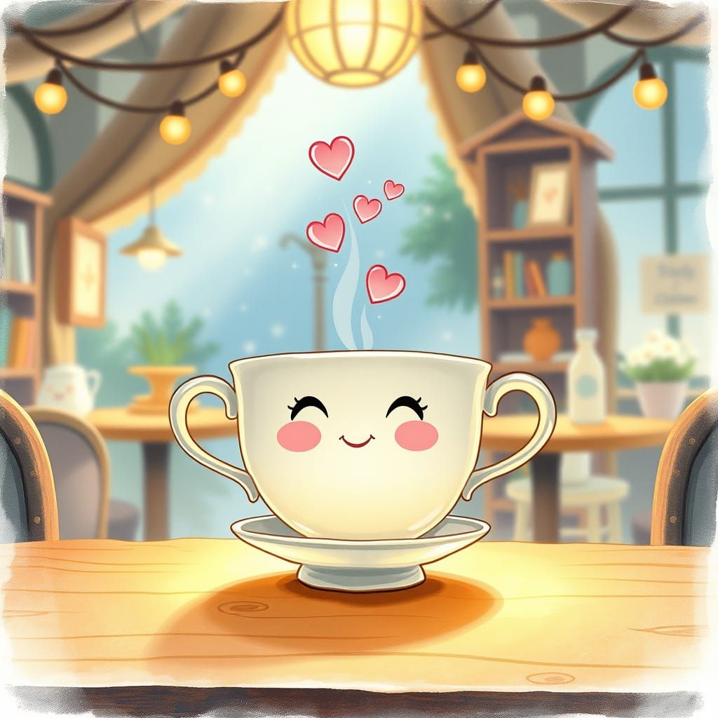 Animated Teacup in Cozy Fantasy Café, Ghibli Style