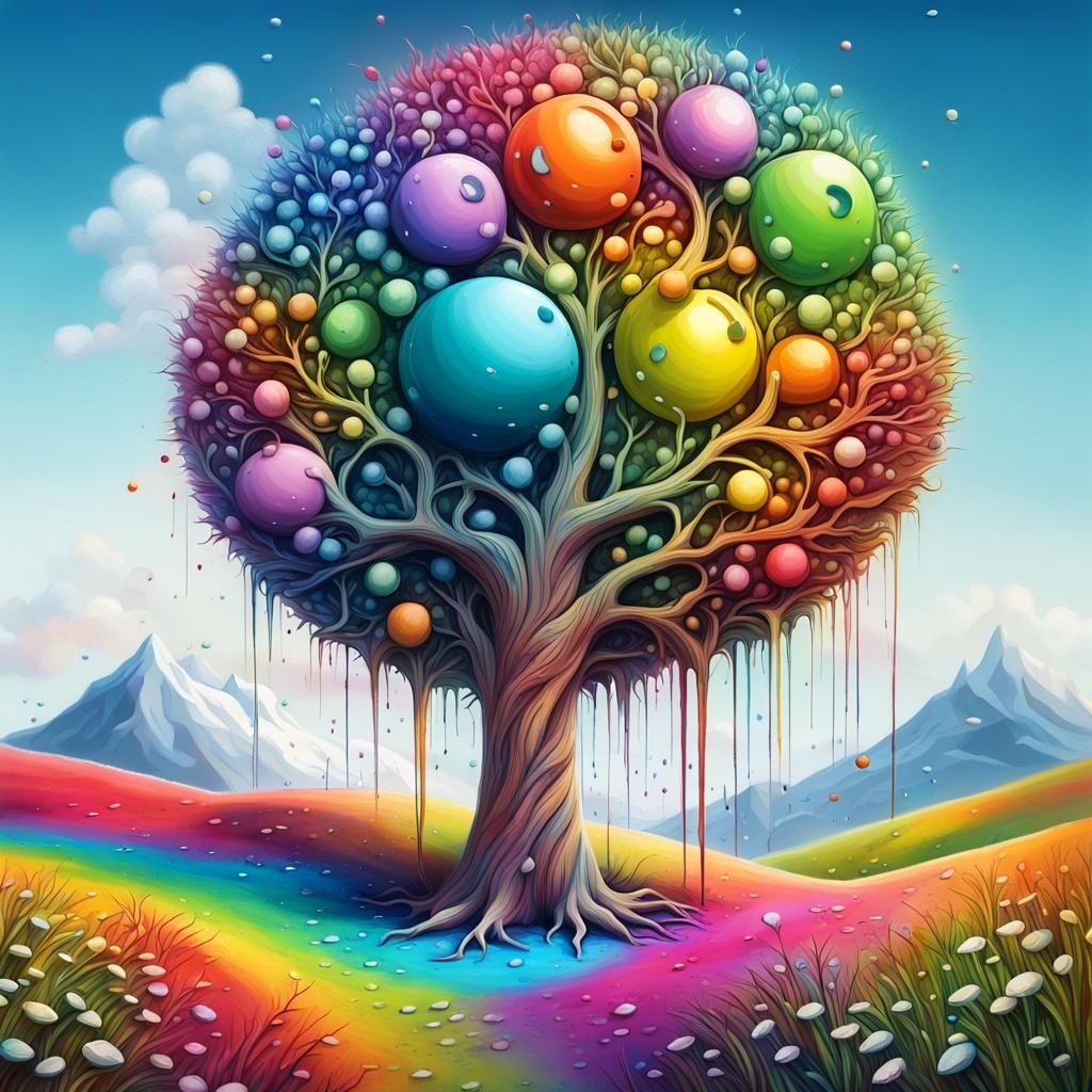 Whimsical 3D Tree with Rainbow Mountain Backdrop