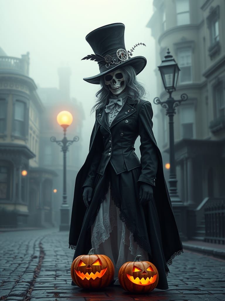 Steampunk Skull Woman in Gothic Street Scene