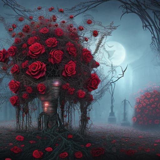 Sinister Dead Roses in Burton-esque Digital Art