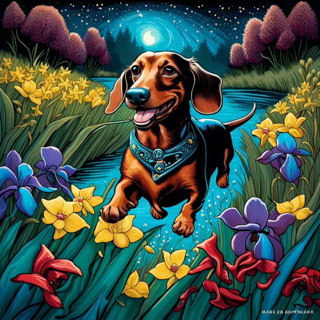 Dachshund's Joyful Run in Enchanted Flower Meadow