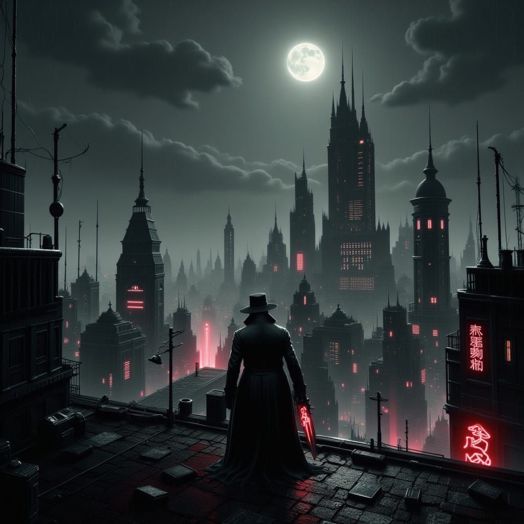 an sprawling gothic city at night with a figure crouched on ...