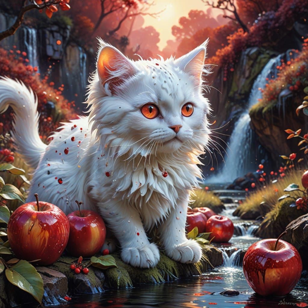 Whimsical Fantasy Apple Kitten in Dreamlike Landscape