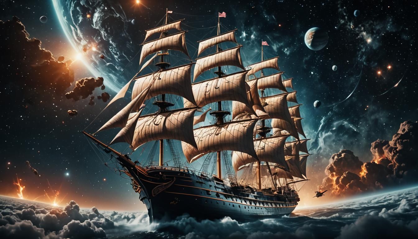 Three-Masted Ship Soaring Through Space