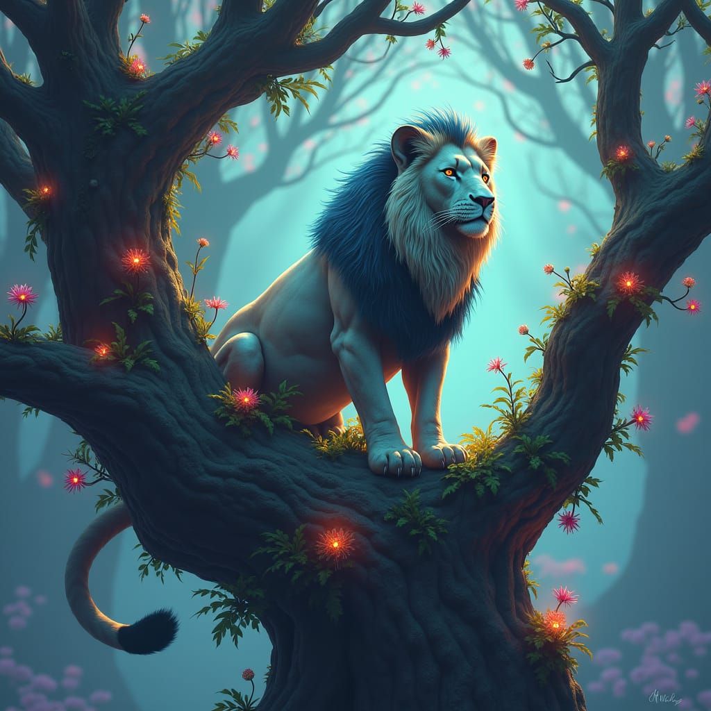 Lion Cat in Mystical Tree: Digital Art
