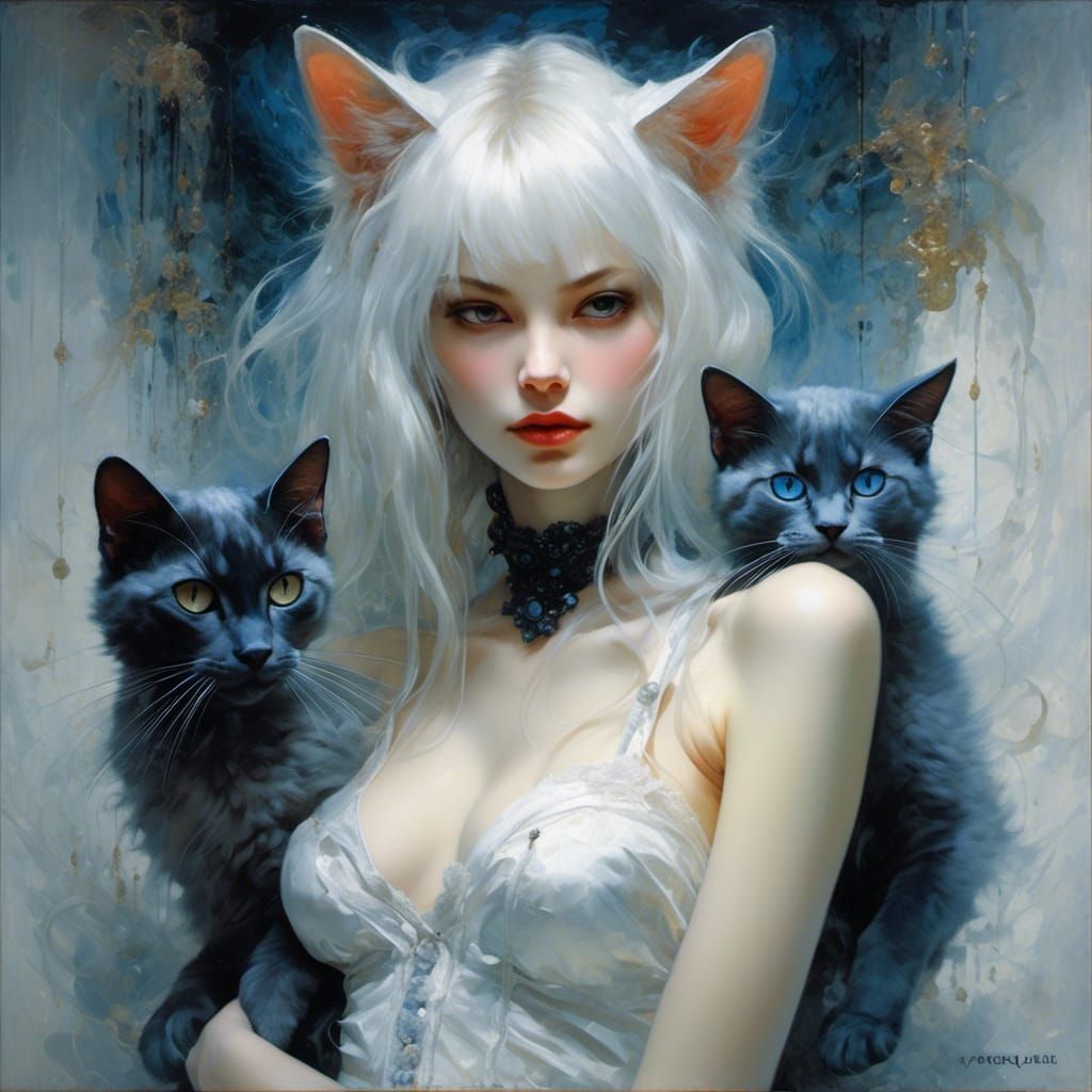 Gothic Portrait: Woman, Cat, Latex Jacket