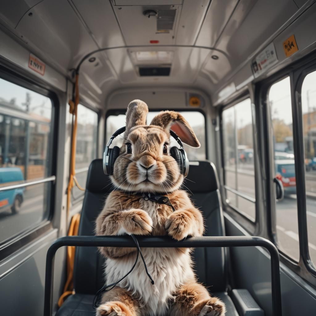 Rabbit on Bus Listening to Music, Realistic Photo