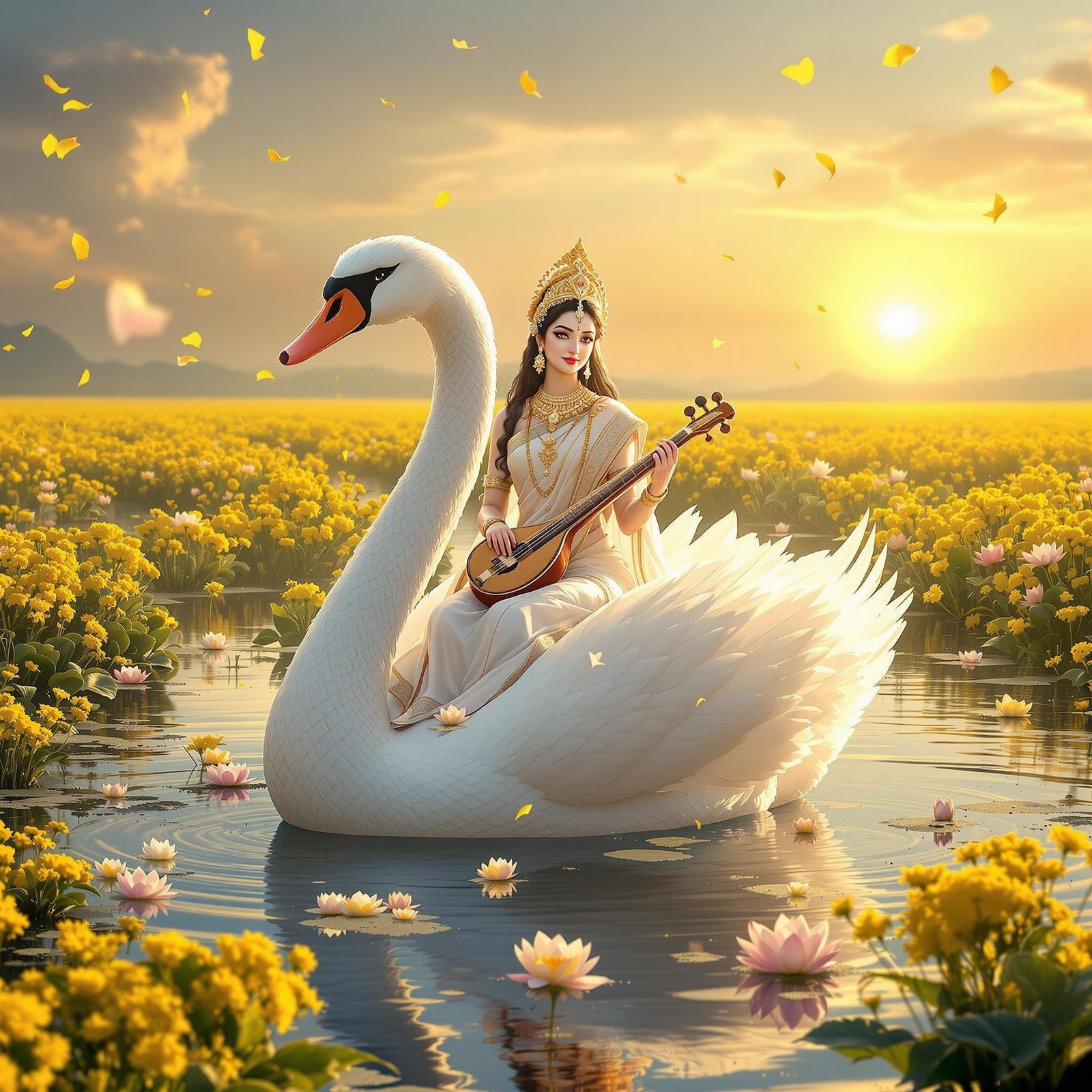 Goddess Saraswati in Elegant White Saree, Seated on Majestic...