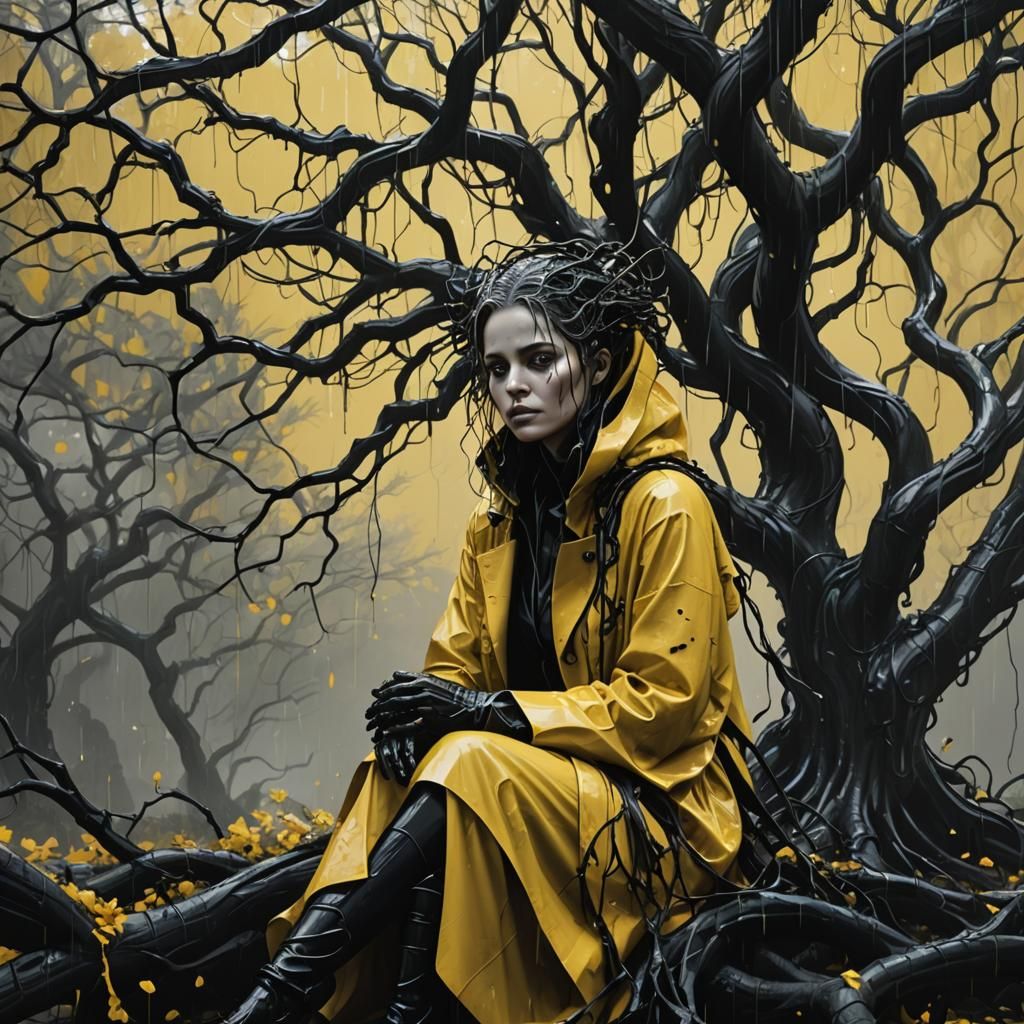 Ethereal Girl in Black Tree Surrealscape