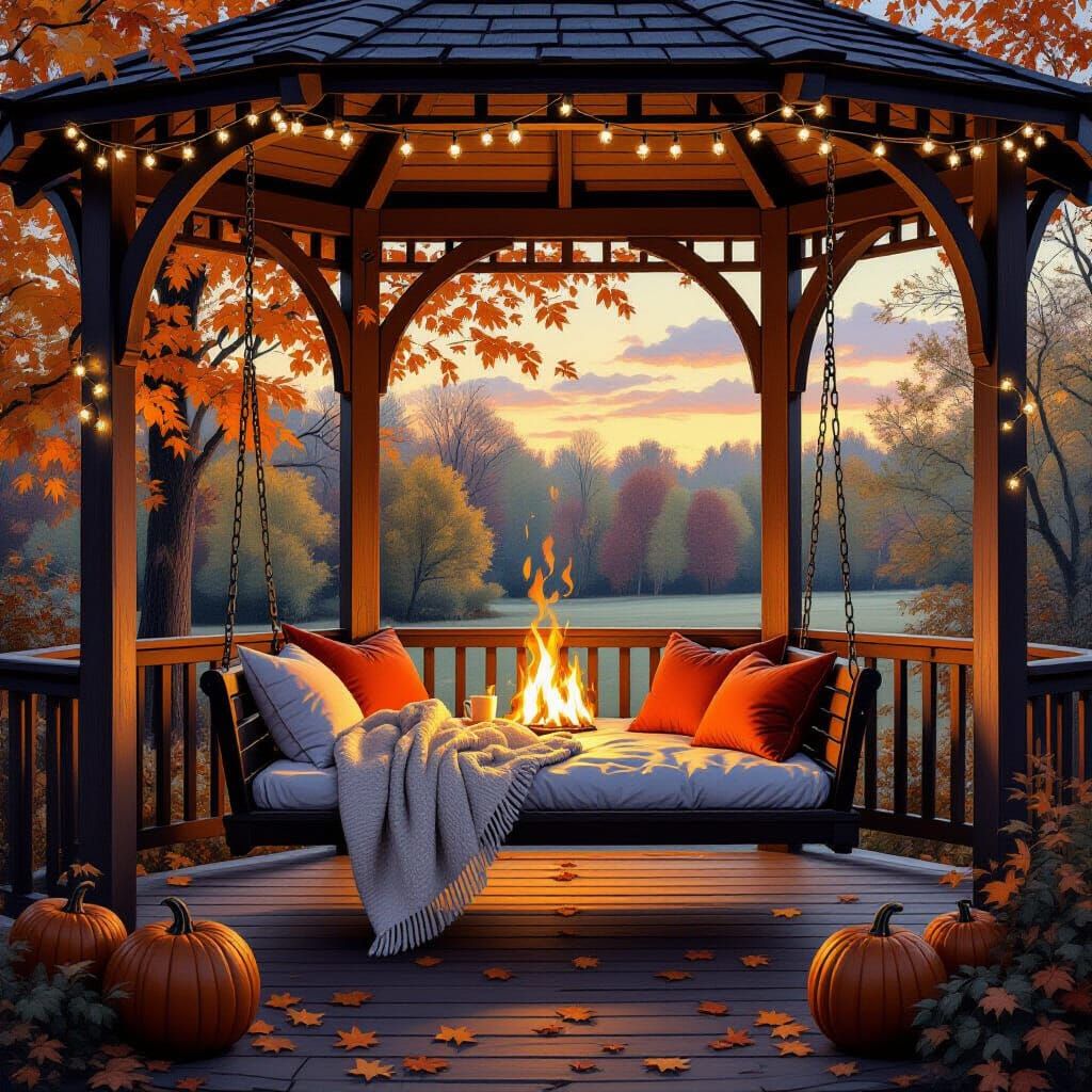 Cozy Fall Gazebo with String Lights and Fireplace Ambiance