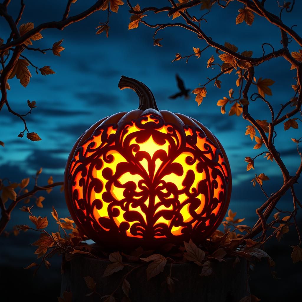 Ornate Pumpkin Glows in Enchanted Autumn Landscape
