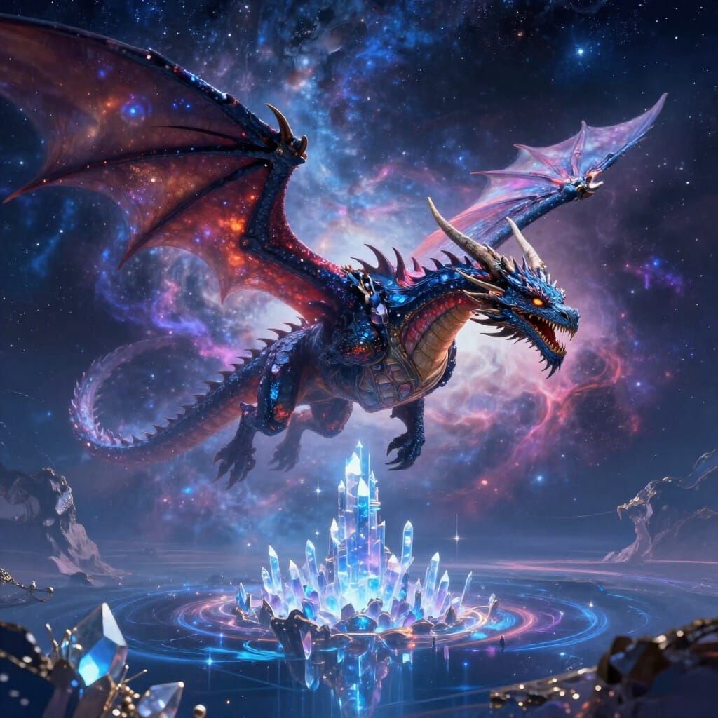 A majestic dragon soars through a nebula-filled sky, its scales shimmering with cosmic dust. Below, a crystalline city f...