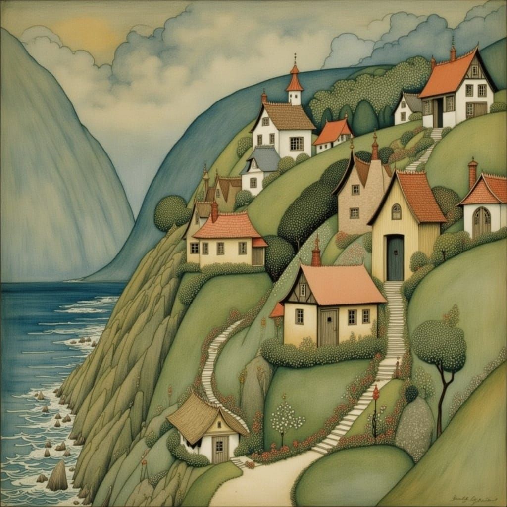 Charming Little Town Illustration with Enchanted Elements