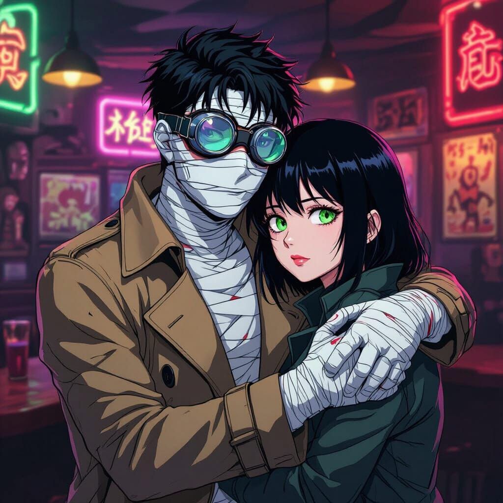 Horror Anime Couple in Neon-Lit Pub