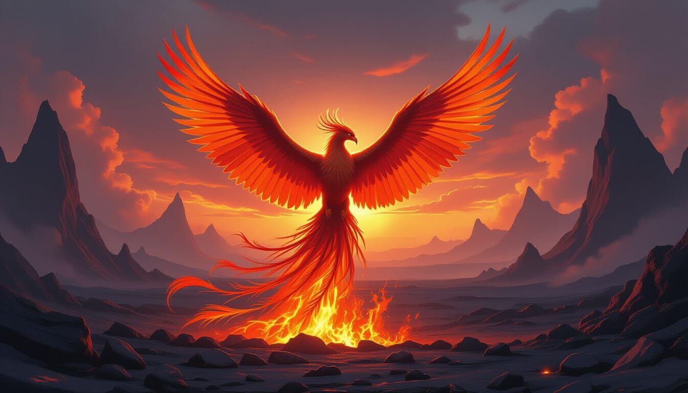 Ethereal Phoenix Rises from Embers in Volcanic Wasteland