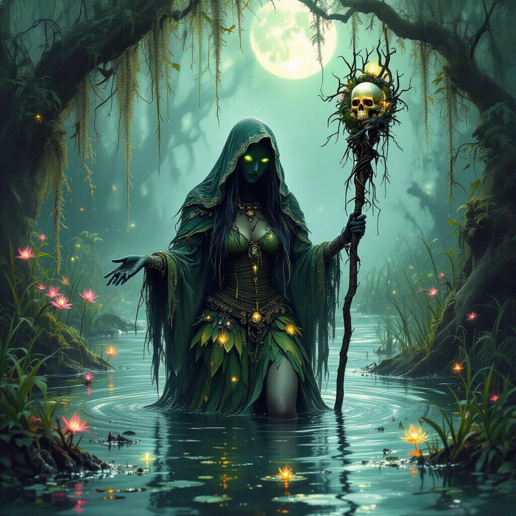 Mystical Swamp Witch with Glowing Flora and Fauna