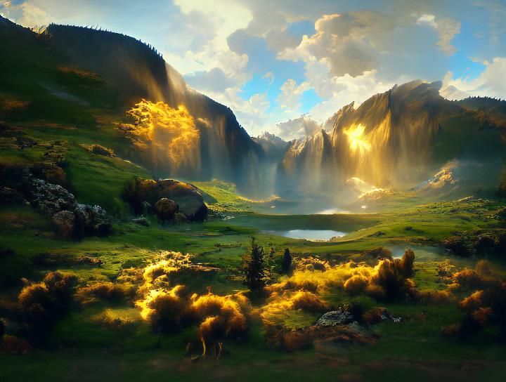 Sunlit Mountain Clearing in Bierstadt Style