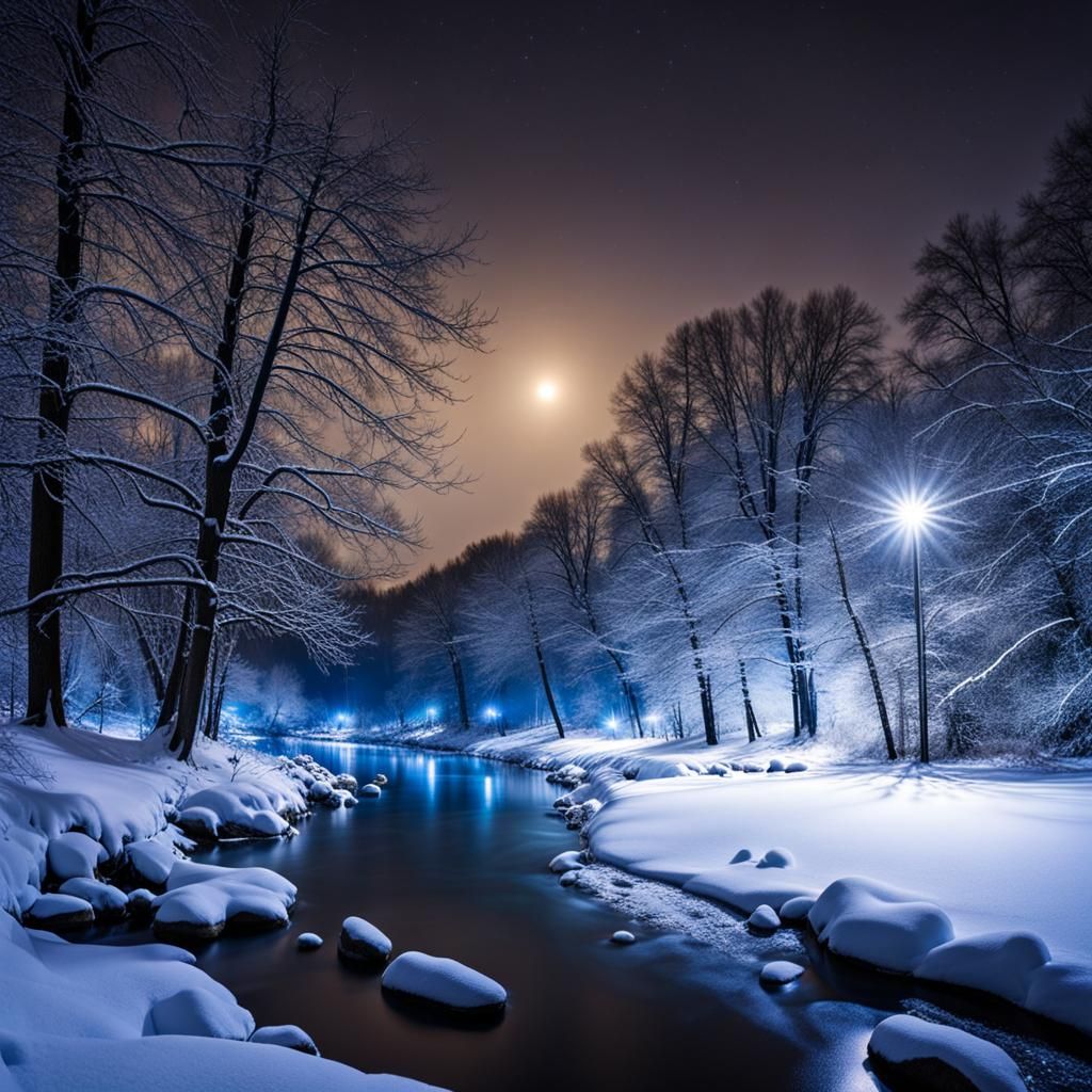 Mysterious Calm Winter Riverscape at Night