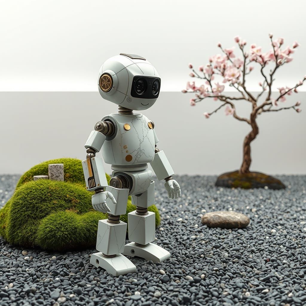 A whimsical robot assembled from mismatched porcelain shards, standing in a minimalist zen garden. The robot is adorned ...