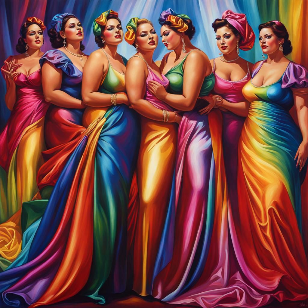 Rainbow Satin Crowd: Abstract Oil Painting of Women