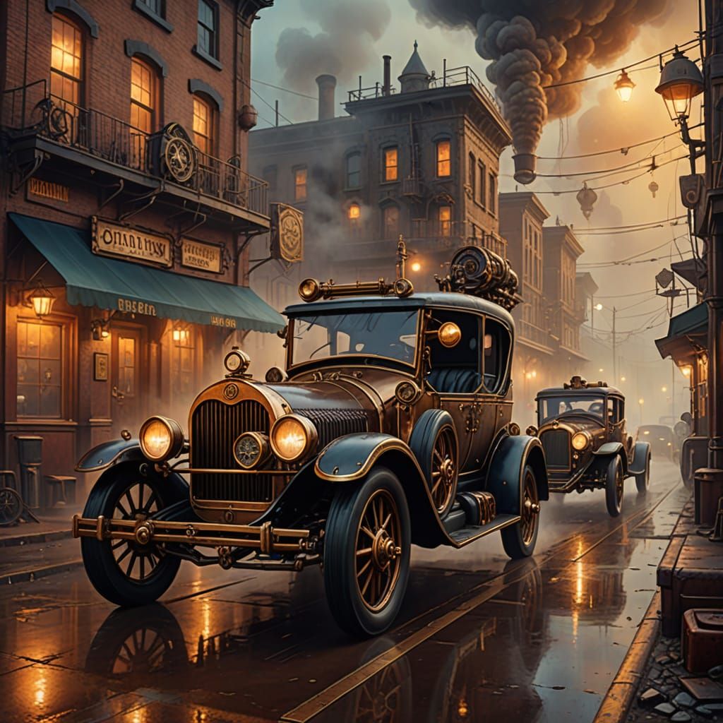 Steampunk Cars in Nostalgic American Town